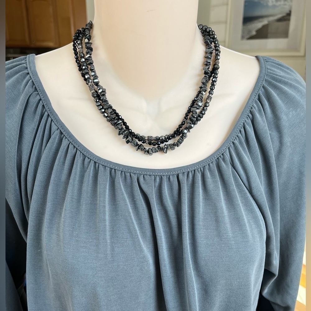 Black 3 Strand Necklace with Silver Tone Accents - Picture 2 of 16